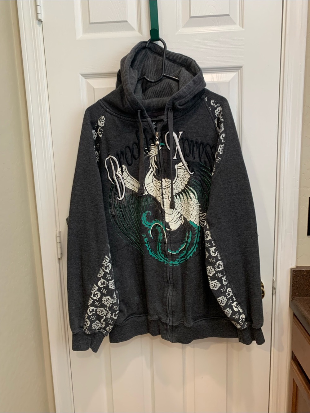 Brixton Dark Gray Graphic Zip Hoodie with Teal Accent